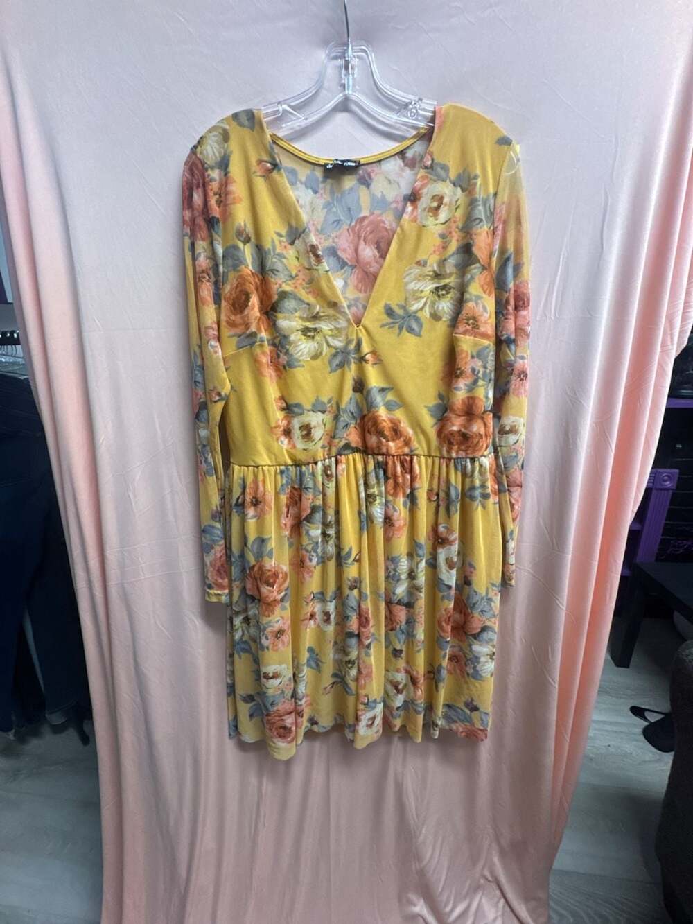 Charlotte Russe Plus Floral Mesh V-Neck Long Sleeve Dress Yellow 2X
